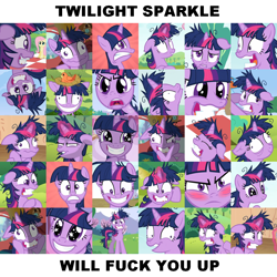 Size: 900x900 | Tagged: safe, screencap, character:twilight sparkle, episode:lesson zero, g4, my little pony: friendship is magic, angry, blushing, derp, facial expressions, faec, floppy ears, frown, glare, grin, gritted teeth, hub logo, magic, messy mane, smiling, squee, twilight snapple, vulgar, wide eyes, wingding eyes