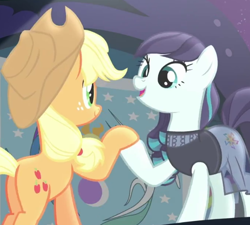 Size: 678x610 | Tagged: safe, screencap, character:applejack, character:coloratura, episode:the mane attraction, g4, my little pony: friendship is magic, equestrian flag, hoof hold, rara, stage