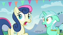 Size: 1920x1080 | Tagged: safe, screencap, character:bon bon, character:lyra heartstrings, character:sweetie drops, species:pony, episode:the mane attraction, g4, my little pony: friendship is magic, discovery family logo, female, gasp, mare, open mouth, plot, shocked