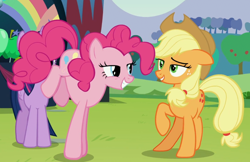 Size: 856x554 | Tagged: safe, screencap, character:applejack, character:pinkie pie, episode:the mane attraction, g4, my little pony: friendship is magic, lidded eyes