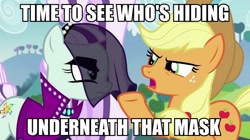 Size: 890x500 | Tagged: safe, screencap, character:applejack, character:coloratura, character:countess coloratura, episode:the mane attraction, g4, my little pony: friendship is magic, image macro, meme, scooby doo, veil