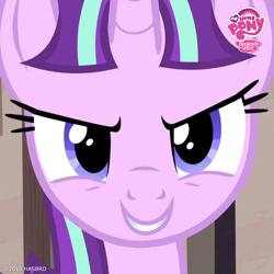 Size: 800x800 | Tagged: safe, official, screencap, character:starlight glimmer, species:pony, species:unicorn, episode:the cutie map, episode:the cutie re-mark, g4, my little pony: friendship is magic, cropped, evil, evil grin, female, grin, looking at you, mare, my little pony logo, s5 starlight, solo