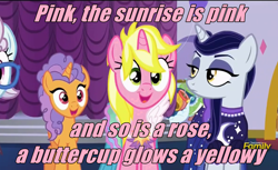 Size: 1180x720 | Tagged: safe, screencap, character:moonlight raven, character:north point, character:pretzel twist, character:sunshine smiles, species:pony, species:unicorn, episode:canterlot boutique, g3, g4, my little pony: friendship is magic, caption, female, image macro, lyrics, mare, meme, phei, pink text, song reference, text