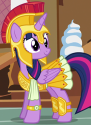Size: 600x825 | Tagged: safe, screencap, character:twilight sparkle, character:twilight sparkle (alicorn), species:alicorn, species:pony, episode:scare master, g4, my little pony: friendship is magic, armor, athena sparkle, clothing, costume, cropped, female, helmet, hoplite, mare, outfit catalog, solo