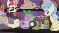 Size: 1920x1080 | Tagged: safe, screencap, character:distant star, character:honey lemon, character:miss hackney (g4), character:moondancer, character:spike, species:dragon, species:pony, species:unicorn, episode:the cutie re-mark, background pony, discovery family logo, female, magic, magic aura, male, mare, opening credits, sleeping, slide projector, telekinesis
