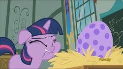 Size: 1920x1080 | Tagged: safe, screencap, character:twilight sparkle, character:twilight sparkle (unicorn), species:pony, species:unicorn, episode:the cutie re-mark, discovery family logo, dragon egg, eyes closed, filly, filly twilight sparkle, foal, spike's egg