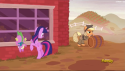 Size: 1893x1075 | Tagged: safe, screencap, character:applejack, character:spike, character:twilight sparkle, character:twilight sparkle (alicorn), species:alicorn, species:dragon, species:pony, episode:the cutie re-mark, applecalypsejack, barrel, clothing, crystal war timeline, discovery family logo, female, hair net, hairnet, male, mare, sweet apple acres, trio, uniform