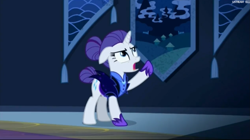 Size: 1893x1063 | Tagged: safe, screencap, character:rarity, episode:the cutie re-mark, bun, castle of the royal pony sisters, floppy ears, frown, glare, night maid rarity, nightmare takeover timeline, open mouth, pointing, solo