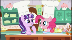 Size: 1920x1080 | Tagged: safe, screencap, character:pinkie pie, character:starlight glimmer, species:earth pony, species:pony, species:unicorn, episode:the cutie re-mark, chef's hat, clothing, cupcake, cute, diapinkes, eating, female, food, glimmerbetes, hat, mare, raised hoof, s5 starlight, smiling