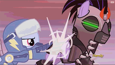 Size: 400x226 | Tagged: safe, screencap, character:ivory, character:ivory rook, character:rainbow dash, species:crystal pony, species:pony, episode:the cutie re-mark, amputee, animated, apocalypse dash, armor, artificial wings, augmented, badass, biohacking, clothing, crystal war timeline, cyborg, discovery family logo, epic, fight, glare, kicking, mind control, prosthetic limb, prosthetic wing, prosthetics, rubinstein, sombra soldier, uniform, wings