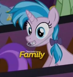 Size: 502x528 | Tagged: safe, screencap, character:air way, character:pearly whites, episode:the cutie re-mark, braces, discovery family logo, headgear, solo