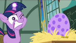 Size: 1920x1080 | Tagged: safe, screencap, character:spike, character:twilight sparkle, episode:the cutie re-mark, discovery family logo, dragon egg, faec, filly, frown, gritted teeth, magic, spike's egg, wide eyes, wink