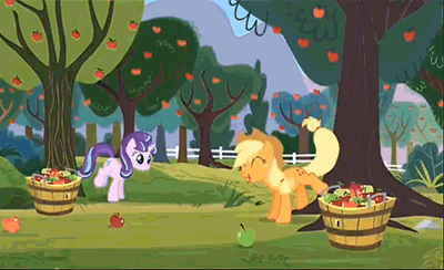 Size: 400x244 | Tagged: safe, screencap, character:applejack, character:starlight glimmer, species:earth pony, species:pony, species:unicorn, episode:the cutie re-mark, animated, apple, applebucking, basket, bushel basket, cute, eyes closed, female, food, friends are always there for you, glimmerbetes, happy, jackabetes, mare, open mouth, raised hoof, smiling
