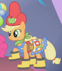 Size: 256x294 | Tagged: safe, screencap, character:applejack, character:pinkie pie, species:earth pony, species:pony, episode:suited for success, g4, my little pony: friendship is magic, bandana, clothing, cropped, dress, female, gala dress, galoshes, mare, outfit catalog, solo focus, ten gallon hat
