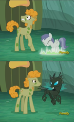Size: 932x1536 | Tagged: safe, screencap, character:doctor muffin top, character:tornado bolt, species:changeling, species:earth pony, species:pony, episode:the cutie re-mark, alternate timeline, chrysalis resistance timeline, cropped, discovery family logo, disguise, disguised changeling, horse md