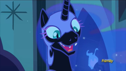 Size: 1366x768 | Tagged: safe, screencap, character:nightmare moon, character:princess luna, episode:the cutie re-mark, alternate timeline, cute, discovery family logo, faec, fangs, happy, moon moon, moonabetes, moonie snacks, nightmare moon moon, nightmare takeover timeline, open mouth, sharp teeth, smiling, solo, teeth