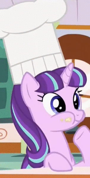 Size: 304x600 | Tagged: safe, screencap, character:starlight glimmer, species:pony, species:unicorn, episode:the cutie re-mark, animated, aweeg*, chef's hat, chewing, clothing, cupcake frosting, cute, eating, female, friends are always there for you, glimmerbetes, hat, loop, mare, munching, nom, puffy cheeks, raised hoof, smiling, solo