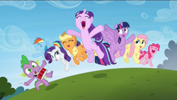 Size: 1920x1080 | Tagged: safe, screencap, character:applejack, character:fluttershy, character:pinkie pie, character:rainbow dash, character:rarity, character:spike, character:starlight glimmer, character:twilight sparkle, character:twilight sparkle (alicorn), species:alicorn, species:dragon, species:earth pony, species:pegasus, species:pony, species:unicorn, episode:the cutie re-mark, baby, baby dragon, cute, cutie mark, dashabetes, diapinkes, drums, eyes closed, female, field, flying, friends are always there for you, glimmerbetes, grass, happy, jackabetes, jumping, male, mane seven, mane six, mare, musical instrument, open mouth, playing drums, playing instrument, raribetes, s5 starlight, shyabetes, smiling, spikabetes, yeah shot