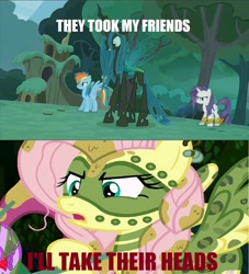 Size: 1066x1172 | Tagged: safe, screencap, character:fluttershy, character:queen chrysalis, character:rainbow dash, character:rarity, species:changeling, episode:the cutie re-mark, alternate timeline, changeling queen, chrysalis resistance timeline, discovery family logo, female, image macro, meme, tribal, tribalshy