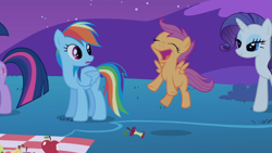 Size: 1366x768 | Tagged: safe, screencap, character:rainbow dash, character:rarity, character:scootaloo, character:twilight sparkle, species:pegasus, species:pony, episode:owl's well that ends well, g4, my little pony: friendship is magic, face