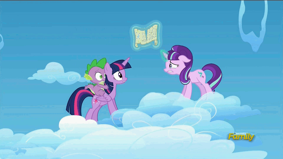 Size: 960x540 | Tagged: safe, screencap, character:hoops, character:rainbow dash, character:spike, character:starlight glimmer, character:twilight sparkle, character:twilight sparkle (alicorn), species:alicorn, species:pony, episode:the cutie re-mark, animated, cloud, crying, discovery family logo, female, filly rainbow dash, forgiveness, friendship, hoof hold, magic, mare, offering, pony history, racing, reaching out, redemption, scared, scroll, sky, smiling, telekinesis