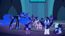 Size: 1920x1080 | Tagged: safe, screencap, character:nightmare moon, character:princess luna, character:rainbow dash, character:spike, character:twilight sparkle, character:twilight sparkle (alicorn), species:alicorn, species:bat pony, species:pony, episode:the cutie re-mark, alternate timeline, armor, eye contact, female, floppy ears, frown, glare, gritted teeth, mare, night guard, night guard dash, nightmare takeover timeline, raised hoof, wide eyes