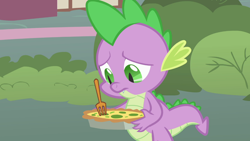 Size: 1366x768 | Tagged: safe, screencap, character:spike, episode:owl's well that ends well, g4, my little pony: friendship is magic, food, fork, pastry, quiche, solo