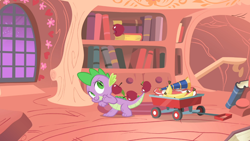 Size: 1366x768 | Tagged: safe, screencap, character:spike, episode:owl's well that ends well, g4, my little pony: friendship is magic, apple, food, solo