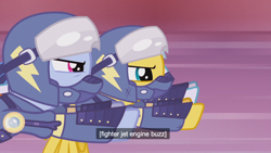 Size: 1920x1080 | Tagged: safe, screencap, character:rainbow dash, character:soarin', character:sunshower raindrops, species:pegasus, species:pony, episode:the cutie re-mark, alternate timeline, apocalypse dash, armor, clothing, crystal war timeline, flying, glare, itunes, subtitles, uniform