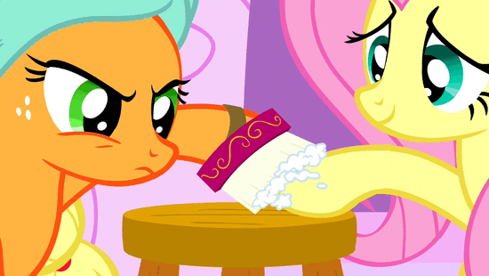Size: 550x310 | Tagged: safe, screencap, character:applejack, character:fluttershy, episode:the best night ever, g4, my little pony: friendship is magic, animated, hooficure, spitting