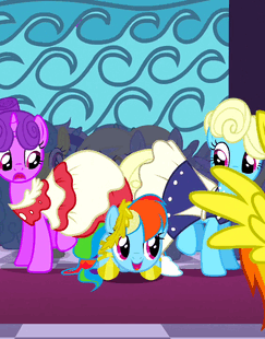 Size: 243x310 | Tagged: safe, screencap, character:eclair créme, character:lemon hearts, character:minuette, character:north star (g4), character:rainbow dash, character:spitfire, episode:the best night ever, g4, my little pony: friendship is magic, animated, annoyed, clothing, cute, dashabetes, dress, frown, gala dress, glare, grand galloping gala, happy, hopping, jumping, open mouth, raised hoof, smiling, spread wings, wings