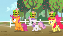 Size: 1366x768 | Tagged: safe, screencap, character:apple bloom, character:scootaloo, character:sweetie belle, species:pegasus, species:pony, episode:the show stoppers, g4, my little pony: friendship is magic, animation error, bucket, cutie mark crusaders