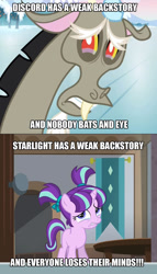 Size: 805x1407 | Tagged: safe, screencap, character:discord, character:starlight glimmer, episode:keep calm and flutter on, episode:the cutie re-mark, g4, my little pony: friendship is magic, crying, drama, everyone loses their minds, image macro, logic, meme, op is a duck, op is trying to start shit, op started shit, sad, sad face, sadlight glimmer, starlight drama, starlight glimmer is worst pony