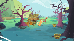 Size: 1366x768 | Tagged: safe, screencap, character:applejack, character:big mcintosh, species:earth pony, species:pony, episode:family appreciation day, g4, my little pony: friendship is magic, bare tree, basket, cart, harness, male, orchard, stallion, tree, working, zap apple tree