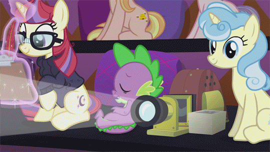 Size: 540x304 | Tagged: safe, screencap, character:distant star, character:honey lemon, character:miss hackney (g4), character:moondancer, character:spike, episode:the cutie re-mark, animated, cute, dancerbetes, magic, slide projector, spikabetes, spikelove, telekinesis