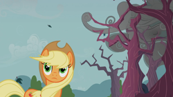 Size: 1366x768 | Tagged: safe, screencap, character:applejack, episode:family appreciation day, g4, my little pony: friendship is magic, bare tree, solo, stormcloud, zap apple tree