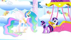 Size: 1366x768 | Tagged: safe, screencap, character:cool star, character:dizzy twister, character:lyra heartstrings, character:orange swirl, character:parasol, character:princess celestia, character:rarity, character:spring melody, character:sprinkle medley, character:starburst, character:twilight sparkle, character:twilight sparkle (unicorn), species:alicorn, species:pegasus, species:pony, species:unicorn, episode:sonic rainboom, g4, my little pony: friendship is magic, background pony, female, high spirits, hot air balloon, male, mare, stallion, twinkling balloon