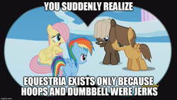 Size: 881x500 | Tagged: safe, screencap, character:dumbbell, character:fluttershy, character:hoops, character:rainbow dash, episode:the cutie re-mark, filly fluttershy, filly rainbow dash, image macro, meme