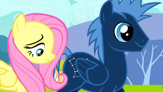 Size: 563x317 | Tagged: safe, screencap, character:fluttershy, character:star hunter, episode:hurricane fluttershy, g4, my little pony: friendship is magic, animated, bump, frown, glare, looking back, smiling, wide eyes