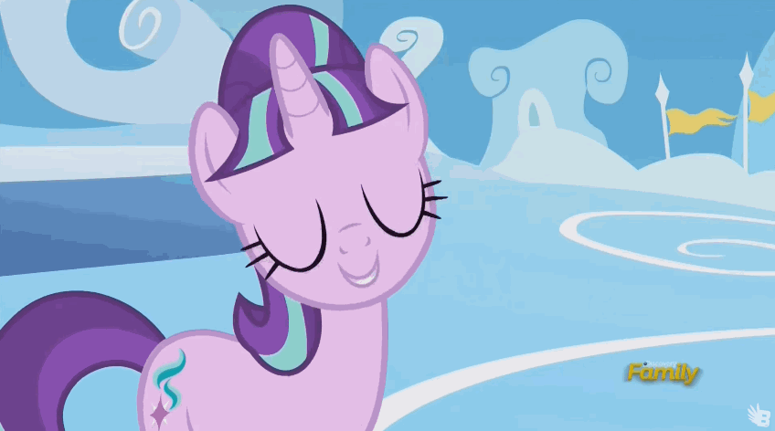 Size: 848x472 | Tagged: safe, screencap, character:starlight glimmer, species:pony, species:unicorn, episode:the cutie re-mark, animated, cloudsdale, cute, discovery family logo, female, flag, glimmerbetes, head tilt, mare, metronome, open mouth, outdoors, smiling, solo, standing, starlight's tilt, talking
