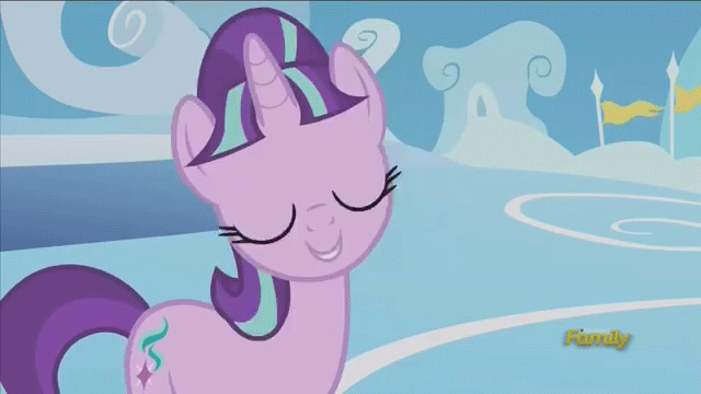 Size: 640x360 | Tagged: safe, artist:qwertyuiopoiuytrewq, screencap, character:starlight glimmer, species:pony, species:unicorn, episode:the cutie re-mark, animated, blinking, cloudsdale, cute, discovery family logo, female, glimmerbetes, head tilt, mare, open mouth, smiling, solo, starlight's tilt, talking, when she smiles