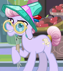 Size: 482x546 | Tagged: safe, screencap, character:amethyst maresbury, species:crystal pony, species:pony, episode:the crystal empire, g4, my little pony: friendship is magic, clothing, cropped, female, glasses, hat, hoof hold, mare, solo