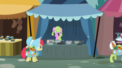 Size: 1366x768 | Tagged: safe, screencap, character:apple bloom, character:daisy, character:granny smith, episode:family appreciation day, g4, my little pony: friendship is magic, drool, embarrassed, false teeth, frying pan, raised eyebrow, teeth
