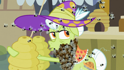 Size: 1366x768 | Tagged: safe, screencap, character:granny smith, species:earth pony, species:pony, episode:family appreciation day, g4, my little pony: friendship is magic, bee, bee beard, beehive, female, hive, insect, mare, solo, swarm