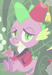 Size: 310x440 | Tagged: safe, screencap, character:spike, episode:ponyville confidential, g4, my little pony: friendship is magic, bubble, classy, clothing, fez, hat, outfit catalog, pipe, solo