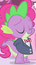 Size: 199x360 | Tagged: safe, screencap, character:pinkie pie, character:spike, episode:simple ways, g4, my little pony: friendship is magic, classy, clothing, outfit catalog, tuxedo