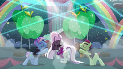 Size: 1920x1080 | Tagged: safe, screencap, character:coloratura, character:countess coloratura, character:limelight, character:new wave, character:spectrum shades, species:pony, episode:the mane attraction, g4, my little pony: friendship is magic, background dancers, cheekbones, female, mare, plot, raised leg, stage, turbo bass