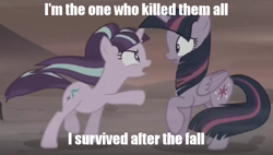 Size: 916x520 | Tagged: safe, screencap, character:starlight glimmer, character:twilight sparkle, character:twilight sparkle (alicorn), oc, oc:the living tombstone, species:alicorn, species:pony, episode:the cutie re-mark, alternate timeline, ashlands timeline, barren, female, image macro, implied genocide, mare, meme, post-apocalyptic, september, song reference, wasteland
