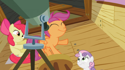 Size: 1366x768 | Tagged: safe, screencap, character:apple bloom, character:scootaloo, character:sweetie belle, species:pegasus, species:pony, episode:family appreciation day, g4, my little pony: friendship is magic, bump, cutie mark crusaders, derp, raised hoof, stool, telescope