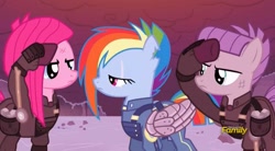 Size: 1010x556 | Tagged: safe, screencap, character:maud pie, character:pinkamena diane pie, character:pinkie pie, character:rainbow dash, episode:the cutie re-mark, alternate timeline, amputee, apinkalypse pie, apocalypse dash, apocalypse maud, artificial wings, augmented, clothing, crystal war timeline, discovery family logo, prosthetic limb, prosthetic wing, prosthetics, salute, scar, torn ear, uniform, wings